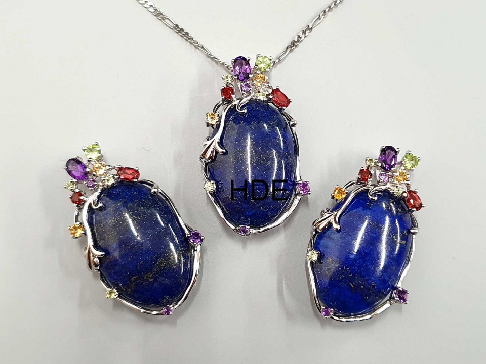 Lapislazuli Anh Nger Oval X Mm Mit Diversen Steinen Silber