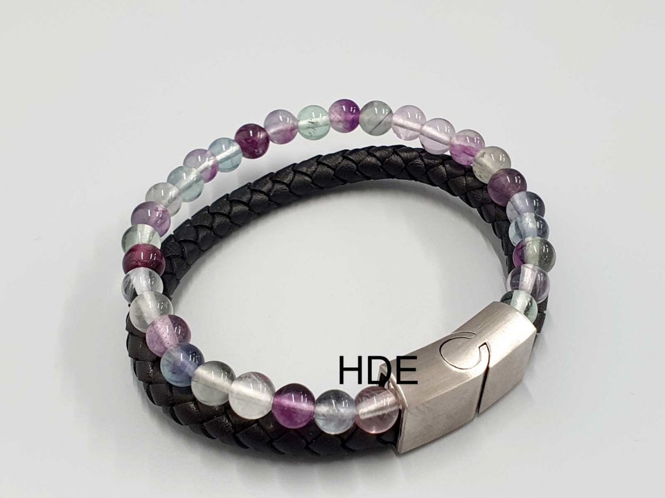 Armband Mit Lederband Und Regenbogenfluorit Kugeln Mm